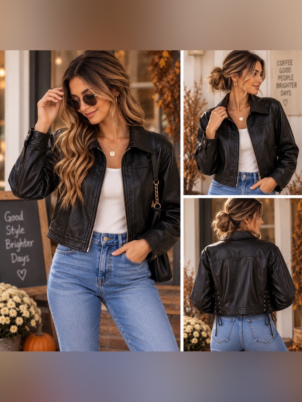 Women's Black/Brown Faux Leather Cropped Jacket with Lace-Up Sided